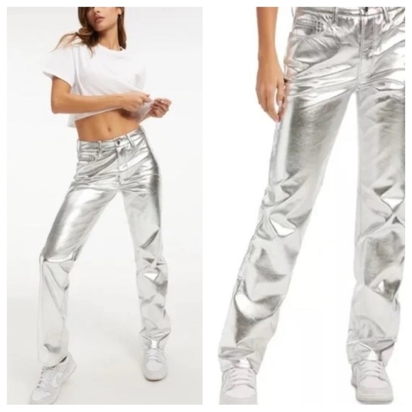 New! Good American Icon High Rise Metallic Silver Pant 45704 - Picture 1 of 16